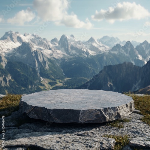 Empty round stone table in front of a mountain landscape, 3d renderEmpty round stone table in front of mountain landscape. 3D RenderingEmpty round stone table in front of beautiful mountain landscape. photo