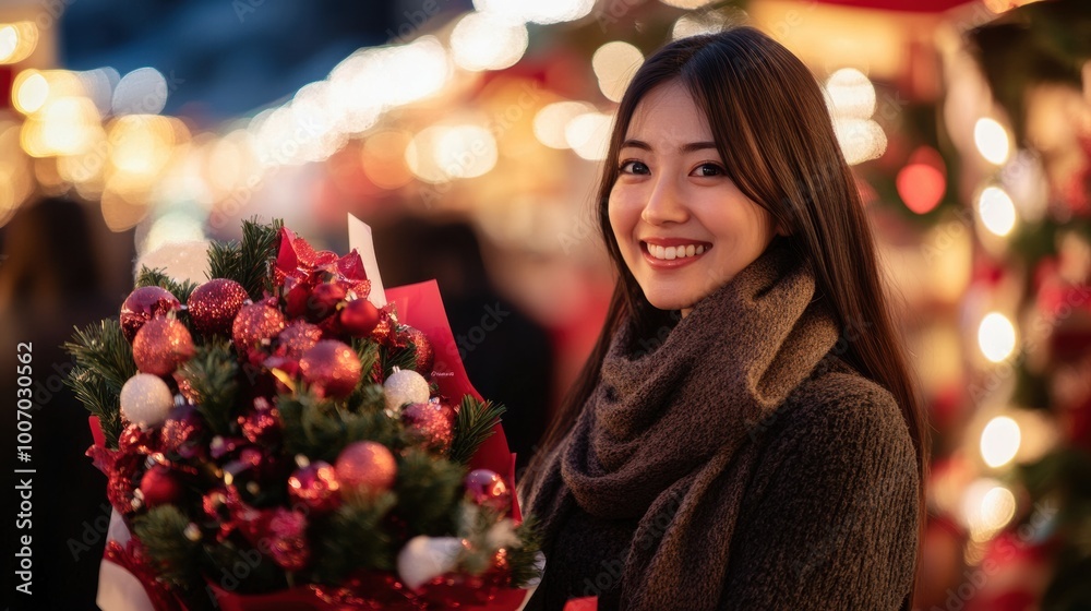Young woman with festive bouquet at a holiday market in winter Young woman with festive bouquet at a holiday market in winter