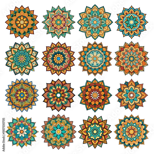 A set of colorful mandala illustration isolated on white background