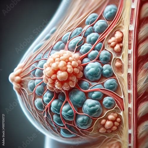 Image early stages of breast cancer, focusing on small, localized tumor developing within breast tissue. formation of abnormal cells in milk ducts (ductal carcinoma in situ), lobules.