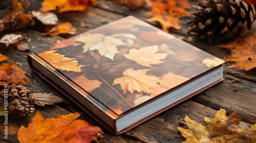 Autumn leaves collected in a scrapbook on a wooden table