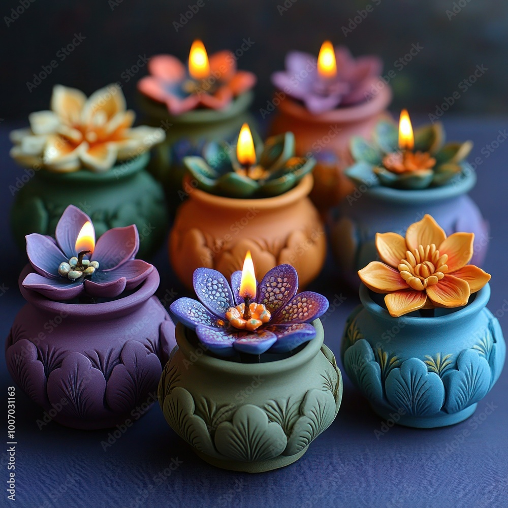 Colorful Clay Diya Lamps with Flowers on Purple Background - Festive Indian Decor Colorful Clay Diya Lamps with Flowers on Purple Background - Festive Indian Decor