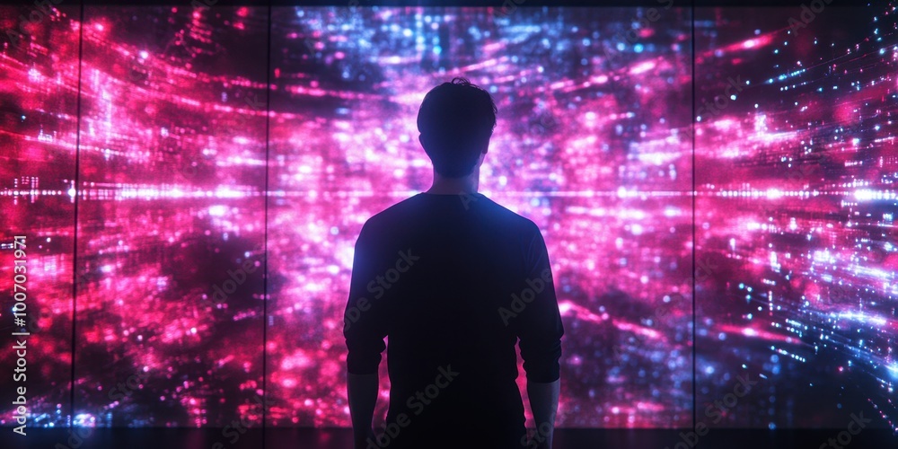 a man standing in front of a large screen a man standing in front of a large screen