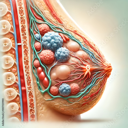Image early stages of breast cancer, focusing on small, localized tumor developing within breast tissue. formation of abnormal cells in milk ducts (ductal carcinoma in situ), lobules.