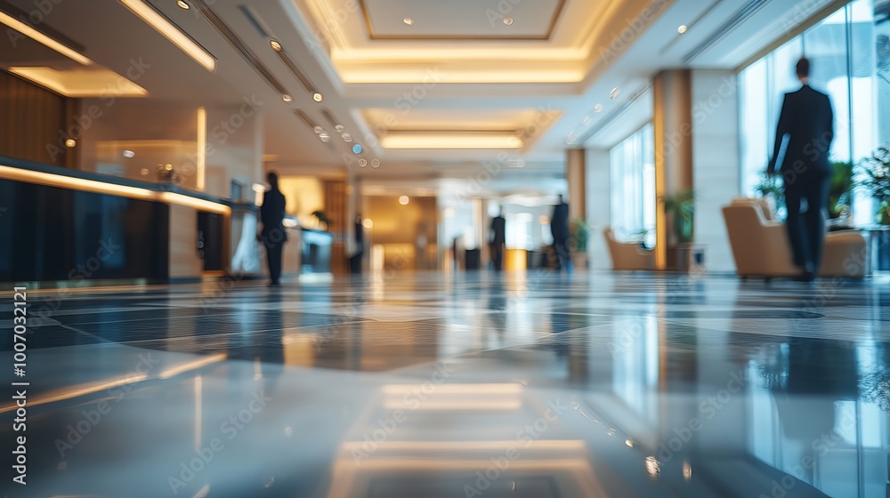 Abstract blur luxury hotel lobby and lounge for background. Minimalist style hotel lobby interior room with blurry people for background. Abstract blur luxury hotel lobby and lounge for background. Minimalist style hotel lobby interior room with blurry people for background.