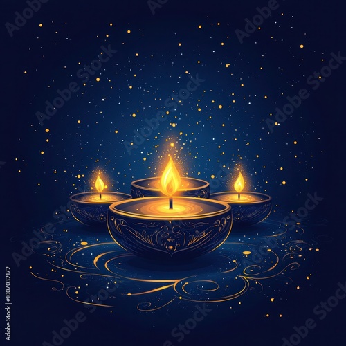 Golden Diwali Lamps on Dark Blue Background - Hand Drawn Vector Illustration