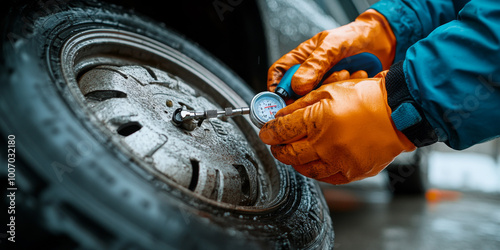 A mechanic is checking the air pressure of a tire with his hand, holding the wheel inside a garage in a close-up shot.