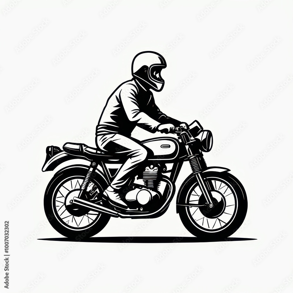 A graphic illustration of a motorcyclist riding a classic motorcycle in a side view. A graphic illustration of a motorcyclist riding a classic motorcycle in a side view.