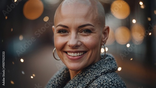 Smiling Bald Woman With a Joyful Expression Stands in Front of Glowing Lights During an Evening Celebration in an Urban Setting