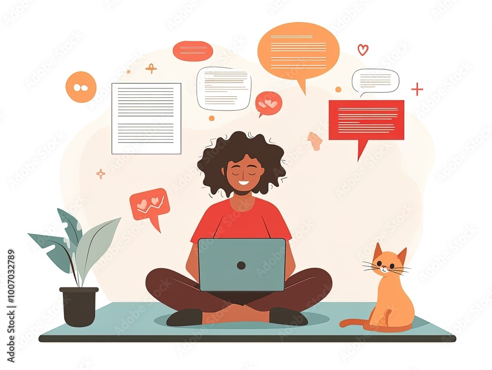 Cozy Study Scene: A Girl on a Yoga Mat Engages in Online Class with Friends While Her Cat Plays—Perfect Poster for a Motivating Workspace or Relaxing Study Area! Cozy Study Scene: A Girl on a Yoga Mat Engages in Online Class with Friends While Her Cat Plays—Perfect Poster for a Motivating Workspace or Relaxing Study Area!