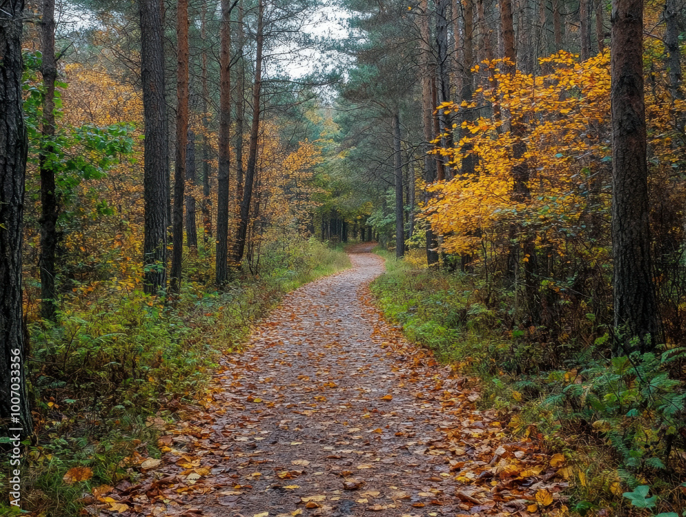 A serene autumn pathway surrounded by misty trees cloaked in orange and golden leaves A serene autumn pathway surrounded by misty trees cloaked in orange and golden leaves