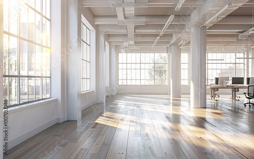 A room with a large window that has the sun shining