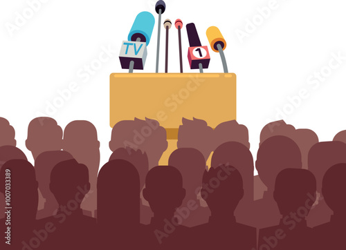 Public speech conference tribune with audience black silhouettes