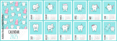 Dental calendar 2025 template with  Funny cartoon teeth. Tooth care Illustration. Horizontal orientation. Page template A4, set of 12 months with cover. Week starts on Sunday. New year stomatology 