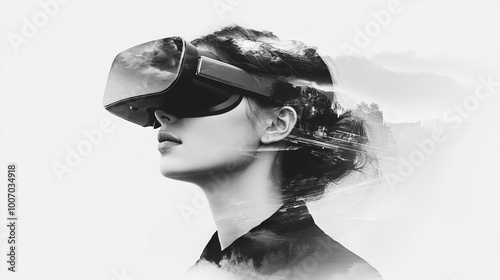 Abstract portrait of a woman with double exposure effect. Artistic black and white image representing Augmented Reality, dreams, the future, and gaming concepts. Girl wearing virtual reality glasses