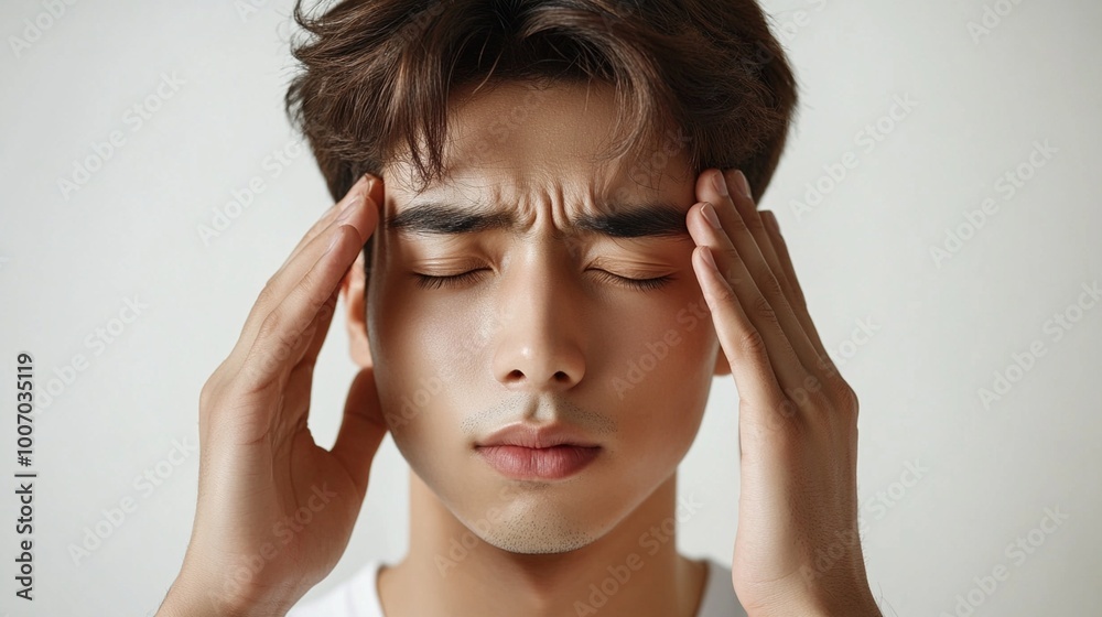 Fototapeta premium Young man with closed eyes holding his head in a calming posture while feeling overwhelmed indoors