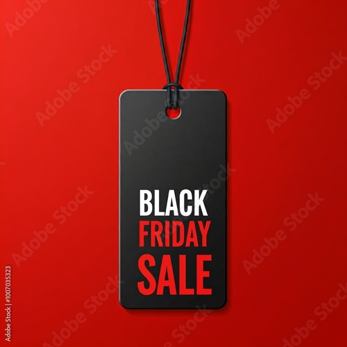 A rectangular black tag with a hole at the top, suspended by a black string, centered against a solid red background. Subject: The tag features bold, white uppercase text reading 'BLACK FRIDAY'