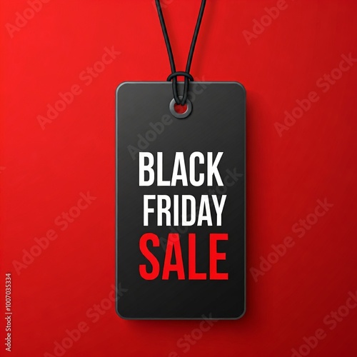A rectangular black tag with a hole at the top, suspended by a black string, centered against a solid red background. Subject: The tag features bold, white uppercase text reading 'BLACK FRIDAY'