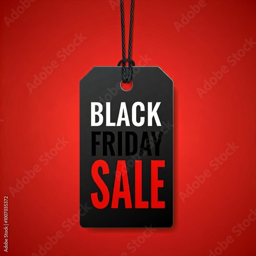 A rectangular black tag with a hole at the top, suspended by a black string, centered against a solid red background. Subject: The tag features bold, white uppercase text reading 'BLACK FRIDAY'