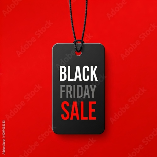 A rectangular black tag with a hole at the top, suspended by a black string, centered against a solid red background. Subject: The tag features bold, white uppercase text reading 'BLACK FRIDAY'