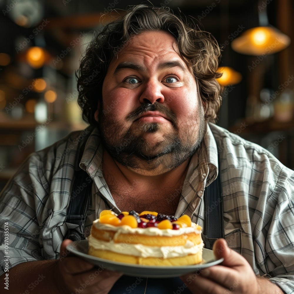 a fat fat man with fat folds on his body looks very appetising at the delicious cake that he holds in his hand and weighs everything - whether to eat it now, how much it beckons him a fat fat man with fat folds on his body looks very appetising at the delicious cake that he holds in his hand and weighs everything - whether to eat it now, how much it beckons him