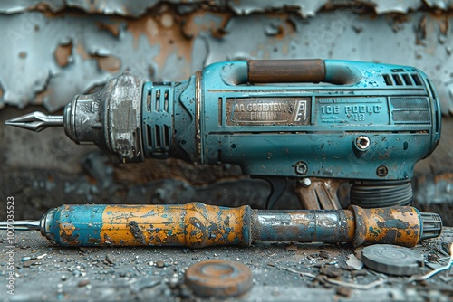 Vintage Electric Drill and Worn Screwdriver on Weathered Surface