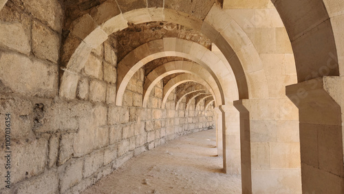 Arched stone corridor at theupper part of the Aspendos Ancient Theatre