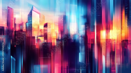 Abstract urban panoramic cityscape with modern skyscrapers and business centers. Digital geometric pattern with dynamic lines, shapes and bright colors. 