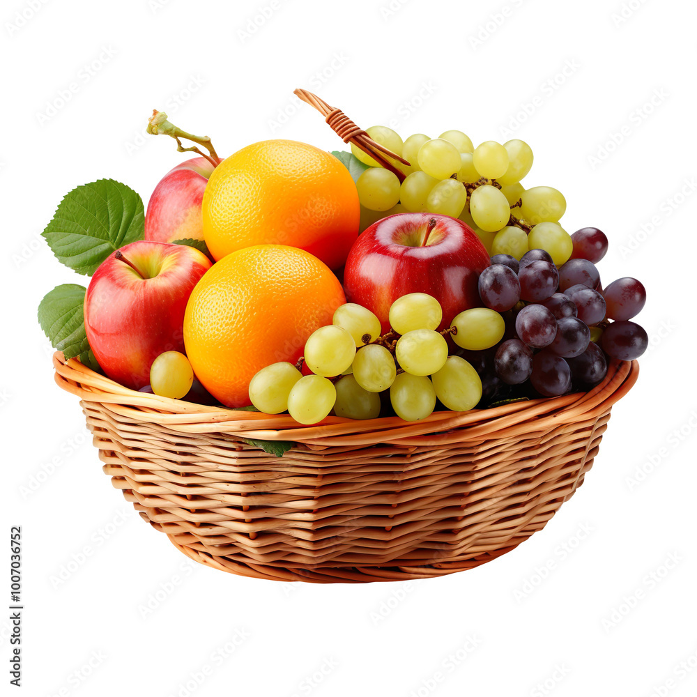 Basket of Fruit with Apples, Grapes, and Oranges isolated on transparent background Basket of Fruit with Apples, Grapes, and Oranges isolated on transparent background