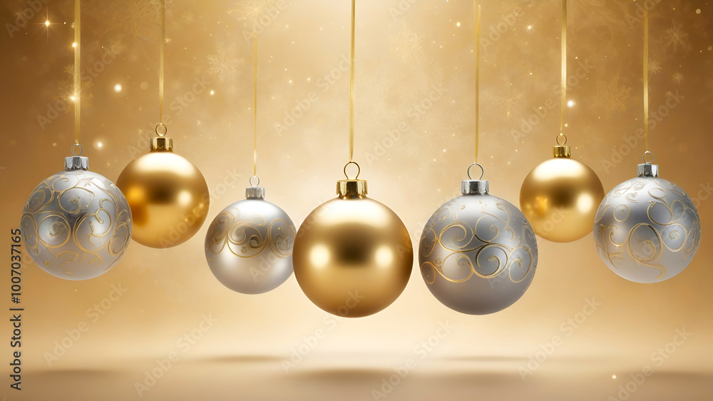 Christmas baubles with gold and silver designs, floating in a surreal golden mist. The background fades into soft gradients of light, with empty spaces for adding celebratory text Christmas baubles with gold and silver designs, floating in a surreal golden mist. The background fades into soft gradients of light, with empty spaces for adding celebratory text
