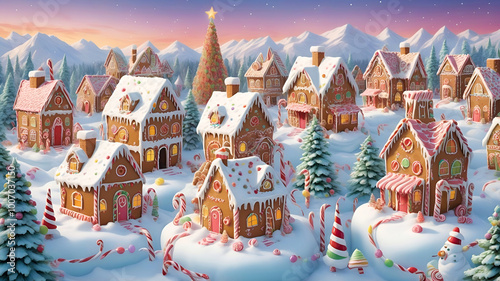 A whimsical illustration of an entire Christmas village made of gingerbread houses, candy canes, gumdrop trees, and icing snow