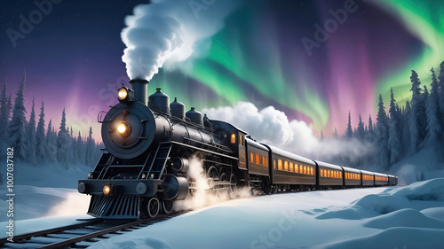 A fantastical wallpaper showing a steam locomotive of the Polar Express cutting through a snow-covered landscape under the Northern Lights