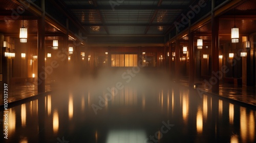 Step into a serene traditional oriental spa where a large thermal pool invites relaxation. Surrounded by intricately tiled columns, gentle steam and warm lantern light create a peaceful ambience