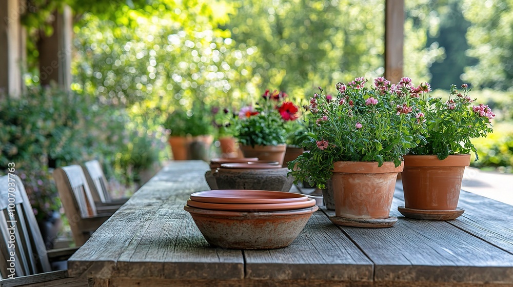 Beautiful Flower Pots on a Rustic Wooden Table Beautiful Flower Pots on a Rustic Wooden Table