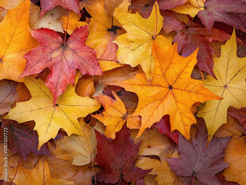 Vibrant autumn leaves cover the ground in a colorful display at a serene forest