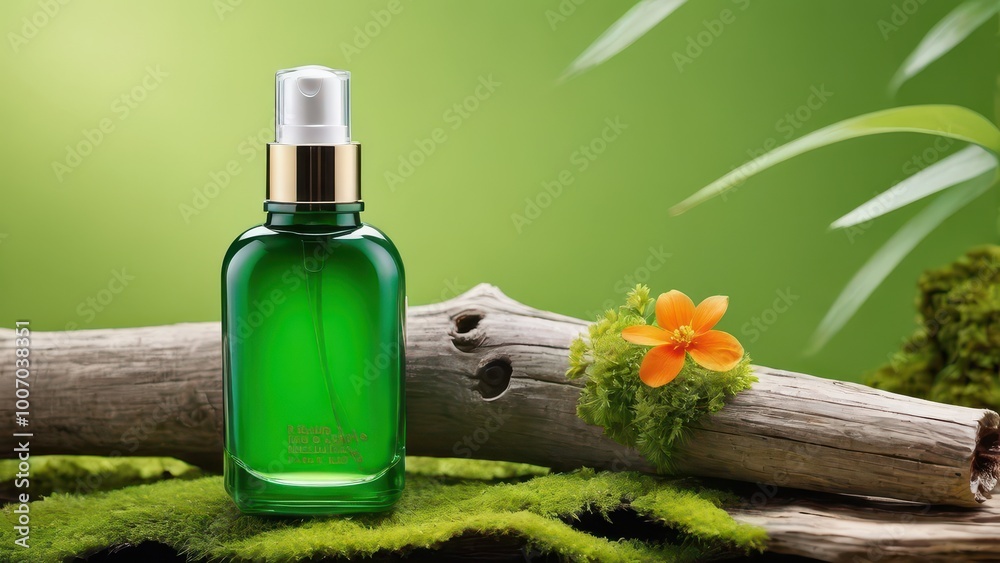 A green glass bottle of skincare product on a natural setting with moss and flowers. A green glass bottle of skincare product on a natural setting with moss and flowers.