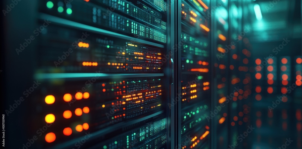 close-up view on server rack with data and connection lights in dark room background, abstract blurred banner for web design or graphic presentation
