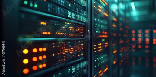 close-up view on server rack with data and connection lights in dark room background, abstract blurred banner for web design or graphic presentation