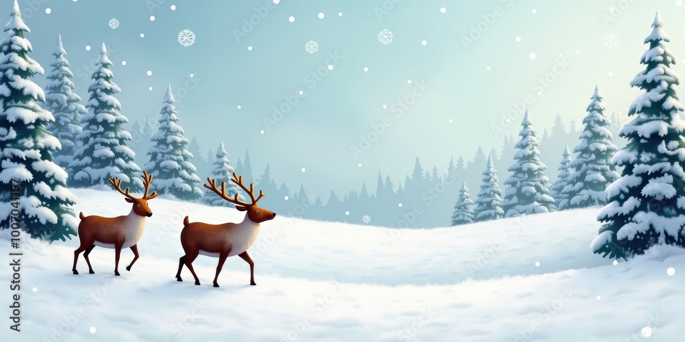 A serene winter landscape featuring two deer amidst snow-covered trees, perfect for holiday themes, nature, and wildlife projects. A serene winter landscape featuring two deer amidst snow-covered trees, perfect for holiday themes, nature, and wildlife projects.