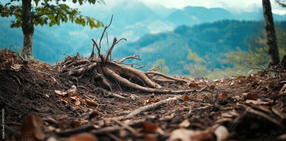 Fototapeta premium A pile of dead branches and leaves on the ground