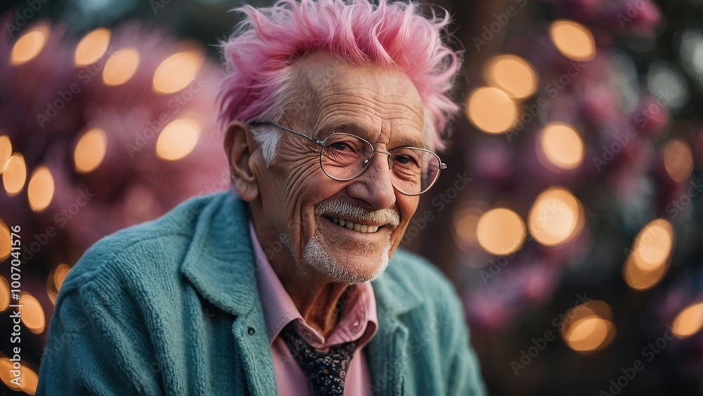Elderly Man With Pink Hair Smiles Warmly at a Festive Outdoor Gathering With String Lights in the Background During a Summer Evening Elderly Man With Pink Hair Smiles Warmly at a Festive Outdoor Gathering With String Lights in the Background During a Summer Evening