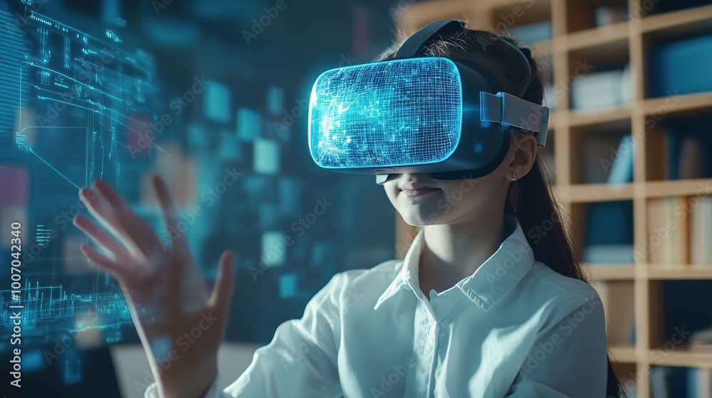Woman with VR headset using AI artificial intelligence technology, AI blue hologram in education Woman with VR headset using AI artificial intelligence technology, AI blue hologram in education