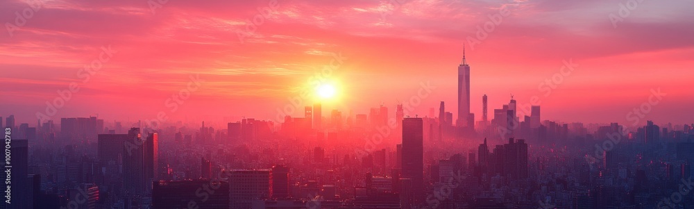 Sunset over a city with tall buildings and a tall skyscraper Sunset over a city with tall buildings and a tall skyscraper