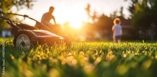 A man is cutting the grass with a lawn mower while a child runs behind him photo