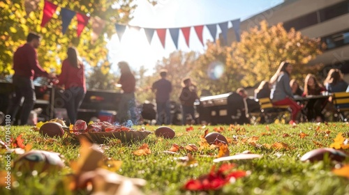 Friends gather at a lively outdoor tailgate party, grilling food, chatting, and celebrating their team while colorful autumn leaves scatter across the grass