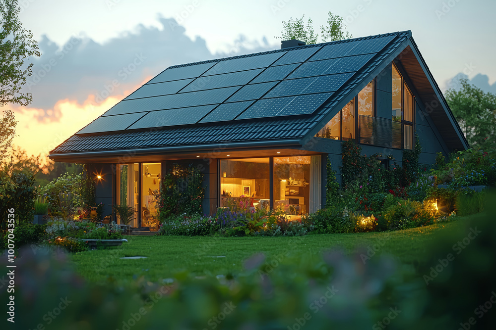 Solar panels covering the roof of a modern house, providing clean energy. Concept of technology. Solar panels covering the roof of a modern house, providing clean energy. Concept of technology.
