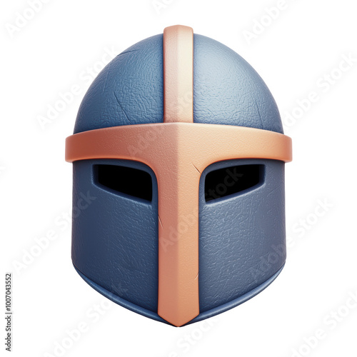 3D illustration of a medieval knight helmet featuring a cross-shaped design in blue and orange colors. Capturing an authentic medieval look. Isolated on transparent background, png. photo