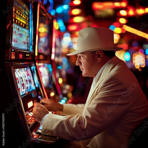 Portrait of a senior man playing slot machine at the casino.