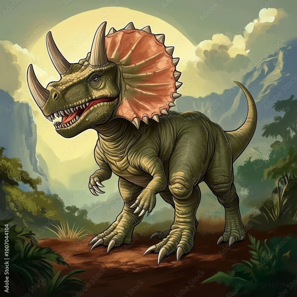 Obraz premium A majestic dinosaur stands proudly in a vibrant valley under a stunning sunset, showcasing its impressive features and natural habitat