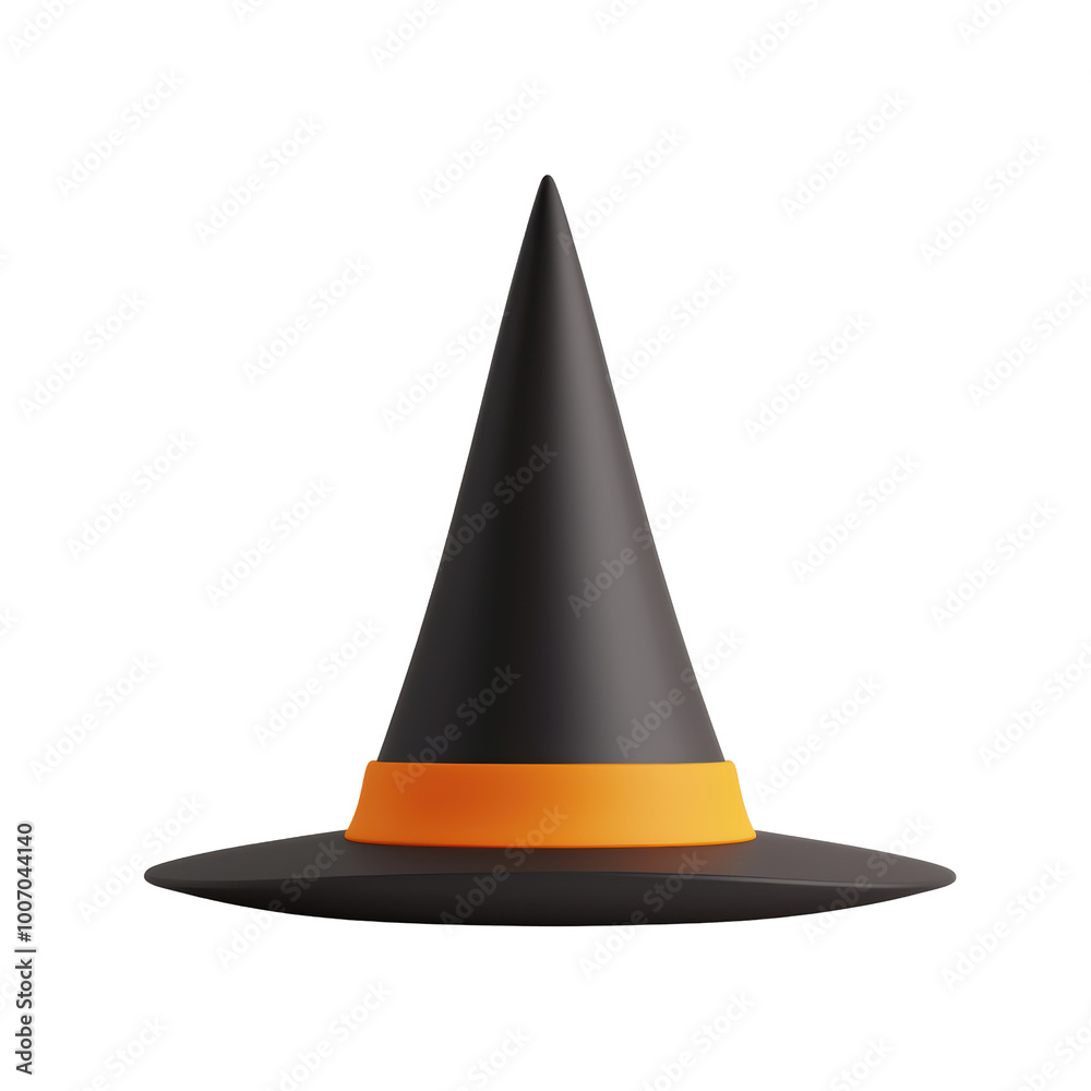Fototapeta premium Black witch hat depicted in 3D illustration, featuring an orange band that gives a classic Halloween look, perfect for spooky and magical themes. Isolated on transparent background, png.